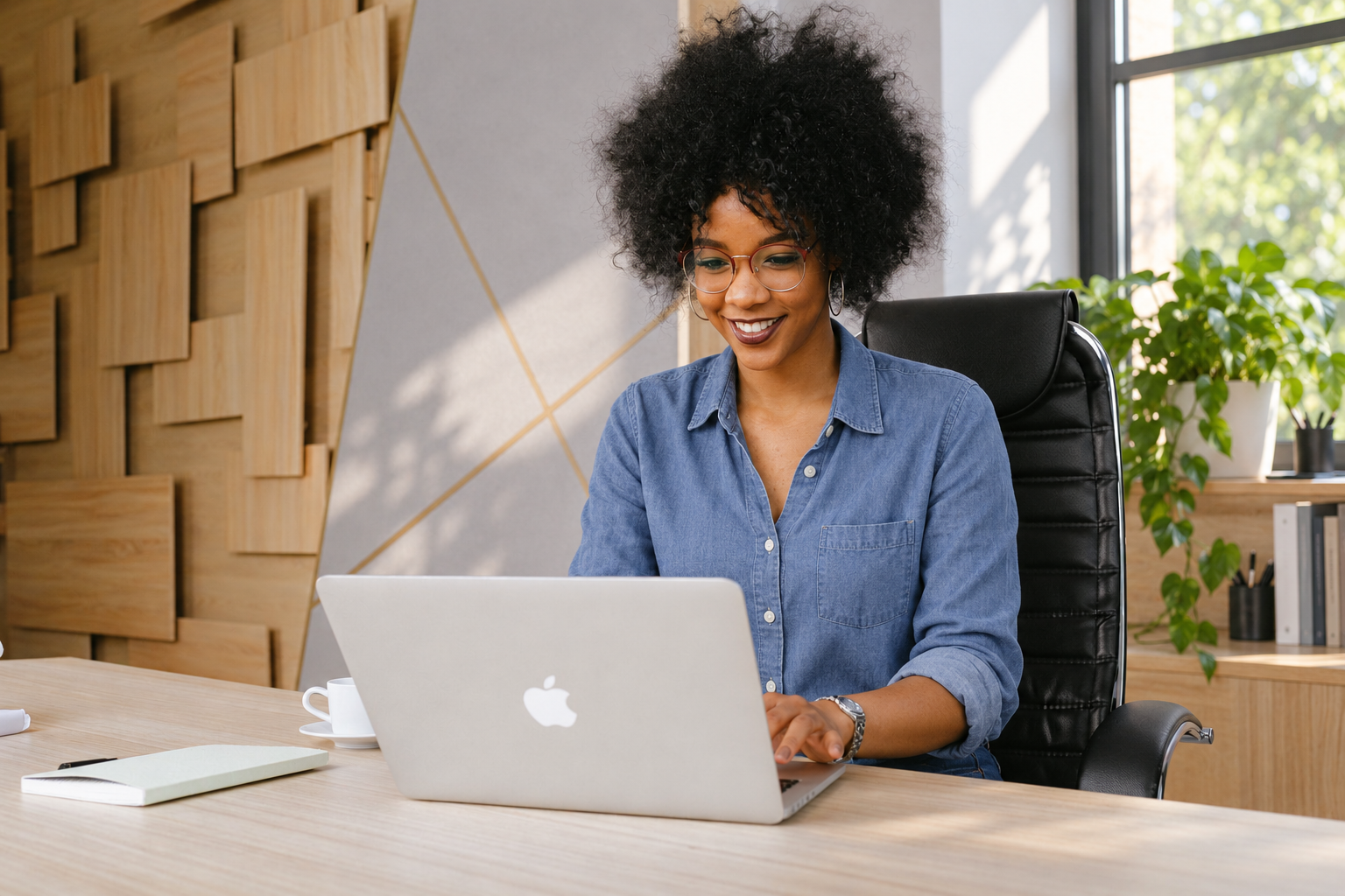 Smiling woman in a casual blue shirt working at her laptop